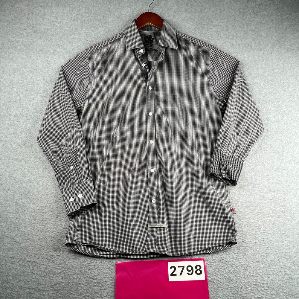 English Laundry Shirt Gray Check Flip Cuff Button Up Long Sleeve Mens 16.5